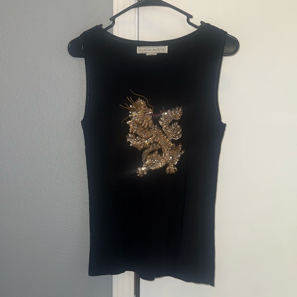 Vintage Beaded Dragon Black Sleeveless SweaterTop Size Medium